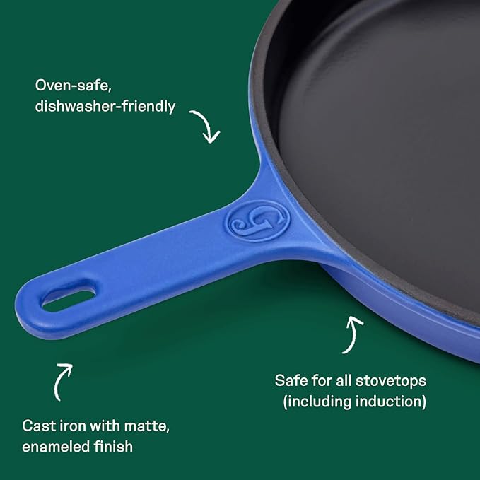Great Jones King Sear Cast-Iron Skillet (Blueberry, 12") | Enameled for Easy Cleaning | Safe for All Stovetops & Ovens | Perfect for Crispy Chicken, Steak & More | Oven-Safe to 500째F | Hand Wash Only