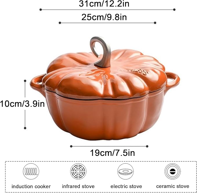 Pumpkin Enameled Cast Iron Dutch Oven with Lid - Pumpkin Shaped Soup Stew Pot, Halloween Thanksgiving Gift & Decor A
