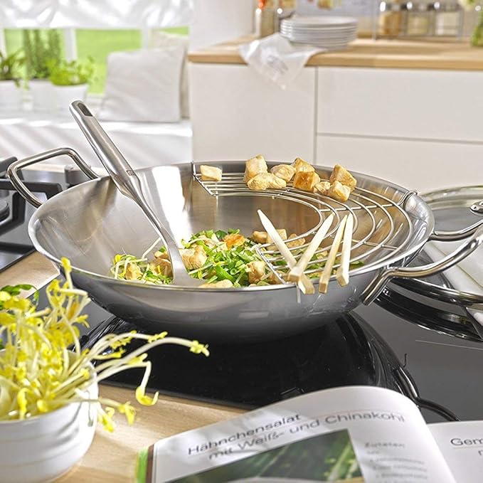 Zwilling Wok, Glass Lid and Removable Grid Insert, Incl. Long Handle, Suitable for Induction, Stainless Steel, Plus,Silver, 횠 32 cm