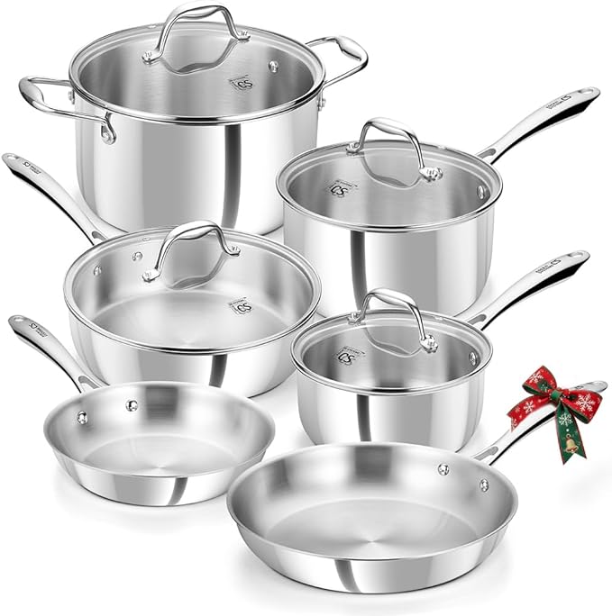 KOCH SYSTEME CS Tri-Ply Stainless Steel Cookware Set 10 Piece, Professional 18/10 Stianless Steel Pots and Pans Set, Oven & Induction Safe, Non-Toxic Kitchen Cookware Set for Family Cooking, 10pcs