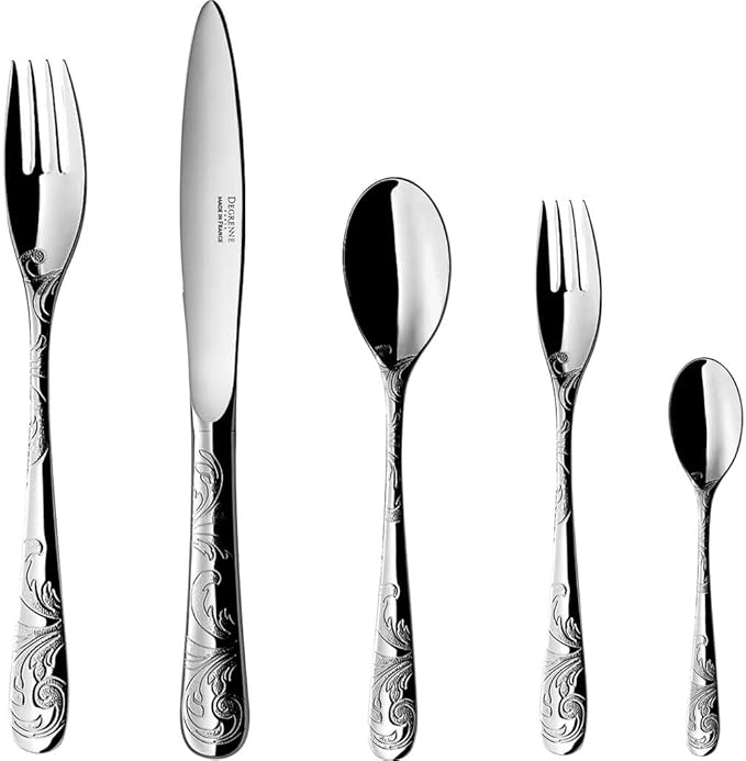 Degrenne Luxury French Cutlery Set - 5 Piece Silverware Set, Includes Forks, Spoons & Knife, Stainless Steel Flatware, Dishwasher Safe, Made in France - Aquatic Couture Collection