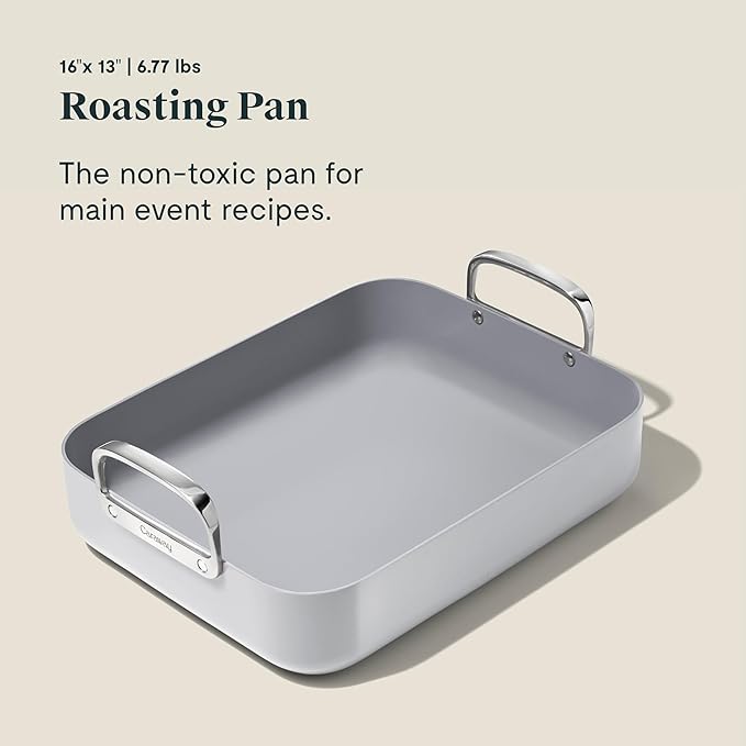 Caraway Roasting Pan - 16x13??Roasting Pan with Rack - Non-Stick Ceramic Coated - Non Toxic, PTFE & PFOA Free - Oven Safe & Compatible with All Stovetops - Gray