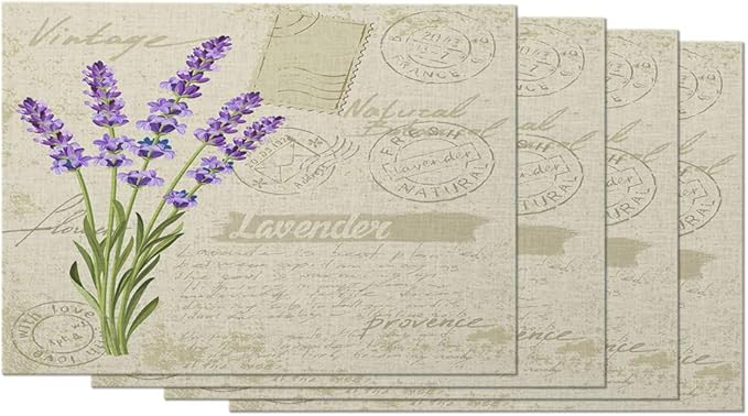 Moslion Vintage Flower Lavender Placemats French Country Stamp Postcard Composition Wild Floral Table Placemats for Dinning Table Washable Cotton Linen 12x18 Inch, Set of 4…