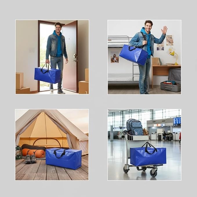 6 Pack Moving Bags Heavy Duty Extra Large Storage Bags with Zippers, Handles, Backpack Straps Packing Bag for Moving College Dorm Room Essentials, Camping, Travel, Clothes 93 L 25 Gallons (Blue)