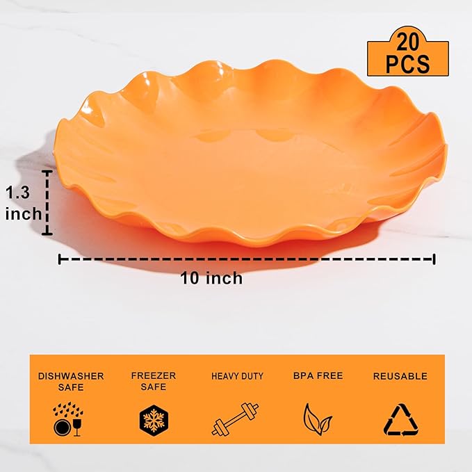 LIYH 20 Pcs 10 Inch Orange Plastic Scalloped Plates Reusable - Unbreakable Dinner Plates-Dishwasher Safe, Perfect for Halloween & Thanksgiving Party BPA Free