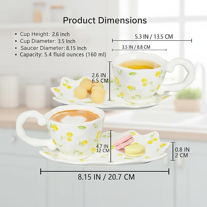 Unique Ceramic Tea Cup and Saucer Set, Coffee Mug, Cup and Saucer Set, Cute Fancy Girly Afternoon Tea Set Purse Gift, 5.4 oz/160 ml Vintage Style, For Women and Tea Parties, Yellow flowers