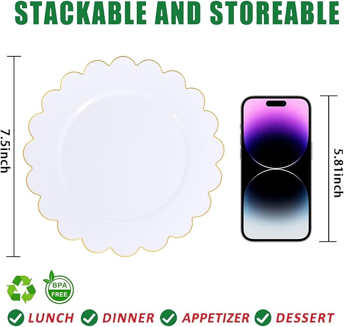 SUT 72Pcs Plastic Plates-7.5inch White Dessert Plates with Gold Trim, White Disposable Plates, Disposable Plates,Fancy Plastic Plates, Heavy Duty Plastic Plates for Christmas & Parties