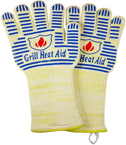 GRILL HEAT AID BBQ Grill Gloves 1472째F - Extreme Heat Resistant Oven Mitts for Grilling, Smoker & Fire Pit with Silicone Grip & EN407 Cut Resistance - Long Cuff (Small Palm), White & Blue