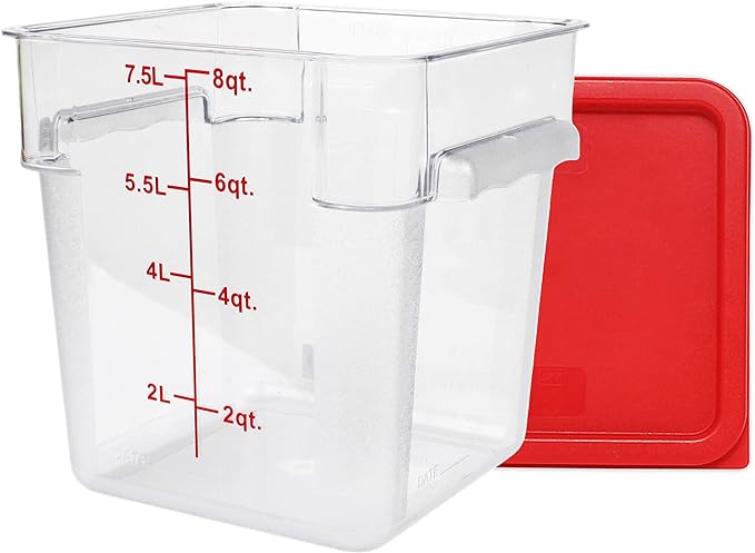 Tiger Chef 4 Pack Food Storage Container with Red Lid Commercial Grade in 8.0 Qt - Square, Clear, Polycarbonate