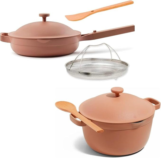 Our Place Cookware Duo | 7-Piece Ceramic Cookware Set with 10.5" Always Pan 2.0, 5.5 Qt Perfect Pot & Strainer Basket | Induction & Oven Safe up to 450째F | Nonstick, Non-Toxic Cookware | Spice