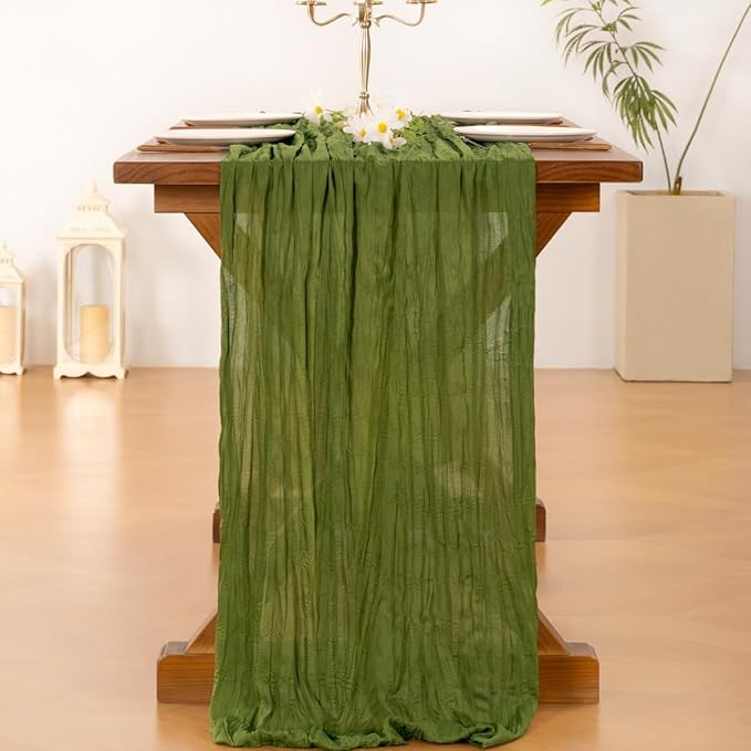 Socomi Olive Green Valentine's Day Cheesecloth Table Runner Boho Rustic Gauze 120 inch 10FT Cheese Cloth Runner for Wedding Party Baby Shower Birthday Home Decor Holiday Decorations