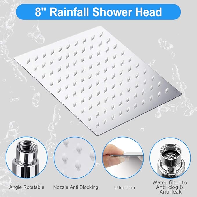 12'' Shower Head, High Pressure Rainfall Shower Head/Handheld Showerhead Combo with 11??Extension Arm, Anti-leak Shower Head with Holder/Hose, Flow Regulator - Chrome