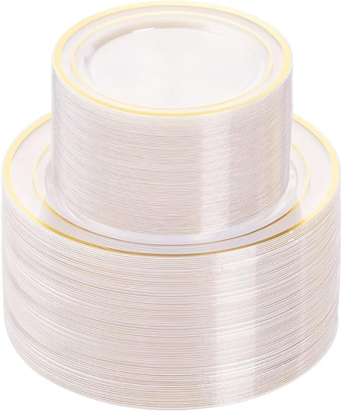 BESTVIP 200PCS Clear Gold Plastic Plate, Disposable Party Plates with 100 Dinner and 100 Dessert Plates, Plastic Plate for Party, Wedding and Birthday