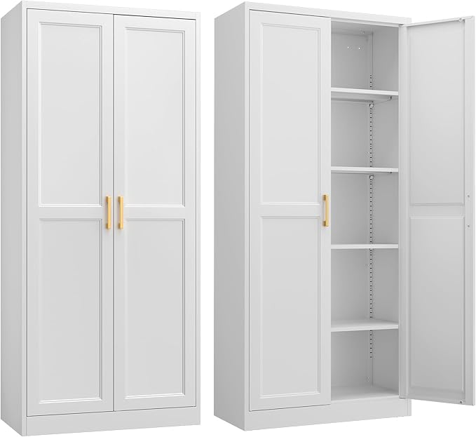 Kitchen Pantry Cabinet,71?쓂hite Metal Pantry Storage Cabinet with Doors and 4 Adjustable Shelves,Kitchen Cabinet with 2 Gold Handles,Tall Cabinet for Livingroom,Pantry, Bathroom,Kitchen