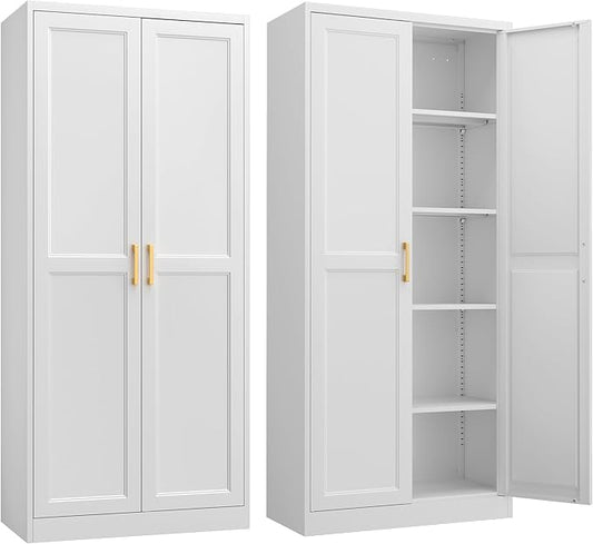 Kitchen Pantry Cabinet,71?쓂hite Metal Pantry Storage Cabinet with Doors and 4 Adjustable Shelves,Kitchen Cabinet with 2 Gold Handles,Tall Cabinet for Livingroom,Pantry, Bathroom,Kitchen