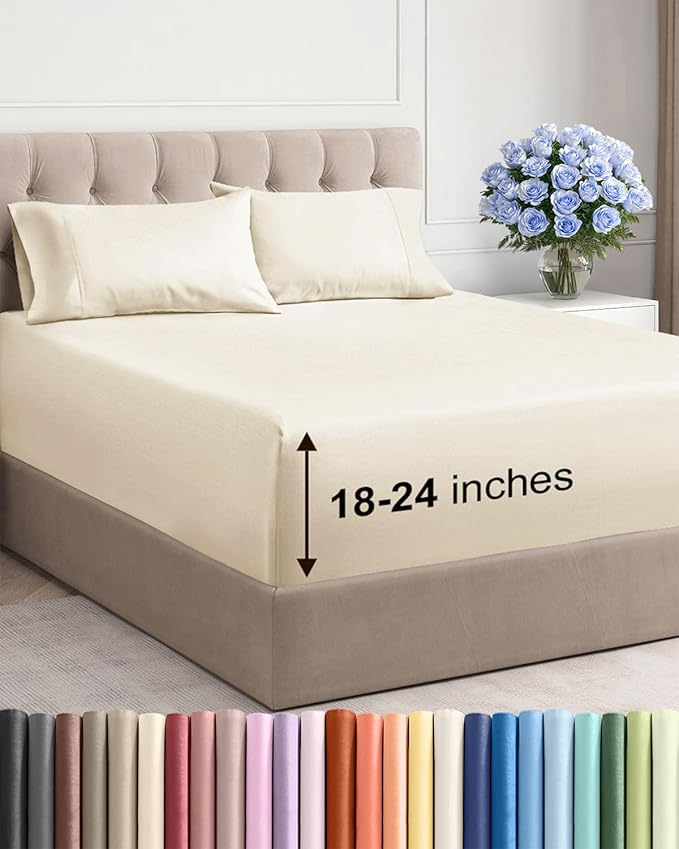 Extra Deep Pocket Full Sheets - 4 Piece Breathable & Cooling Bed Sheets - Hotel Luxury Bed Sheet Set - Soft, Wrinkle Free & Comfy - Easily Fits Extra Deep Mattresses - Deep Pocket Off White Sheets Set