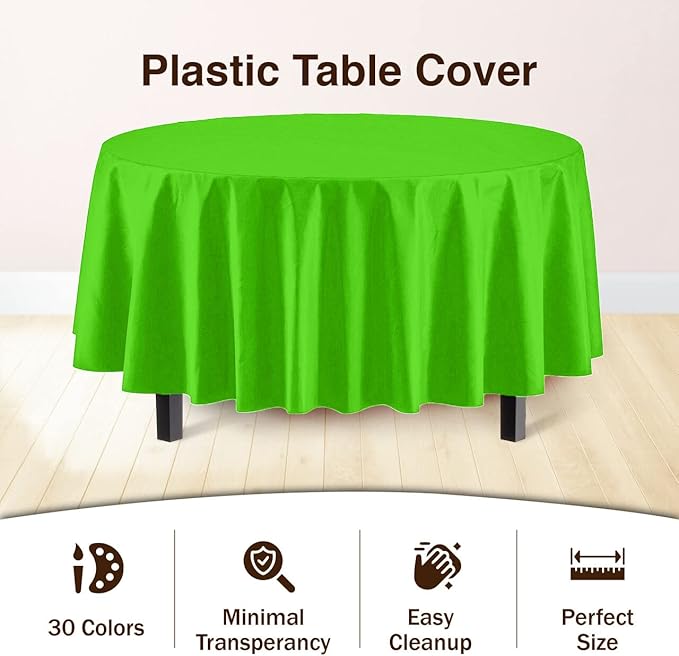 Party Solids 6-Pack Premium Plastic Tablecloth 84in. Round Plastic Table Cover - Lime Green