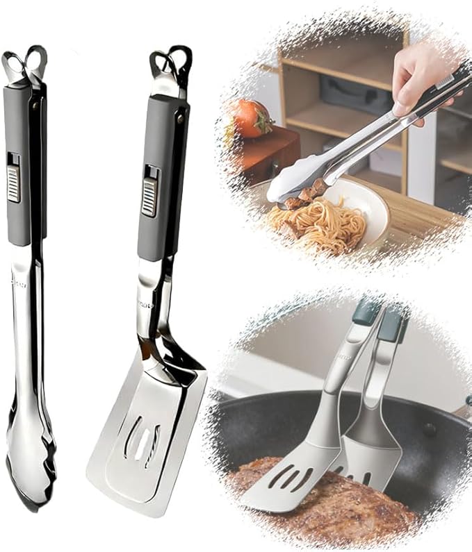 2-in-1 Stainless Steel Grill Clamp & Spatula Tongs ??Heavy Duty BBQ Cooking Utensil with Secure Sliding Lock Handle, for Grilling, Flipping, Serving ??Outdoor & Indoor Kitchen Tool Set (2 Pcs) (Gray)