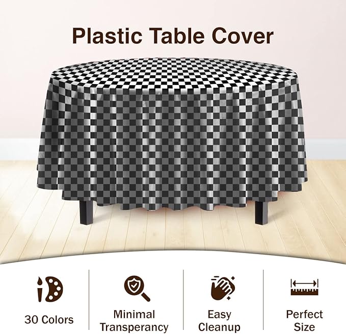 Party Solids Pack Of 6 Premium Plastic Tablecloth 84 Inch Round Plastic Table Cover - Checkered