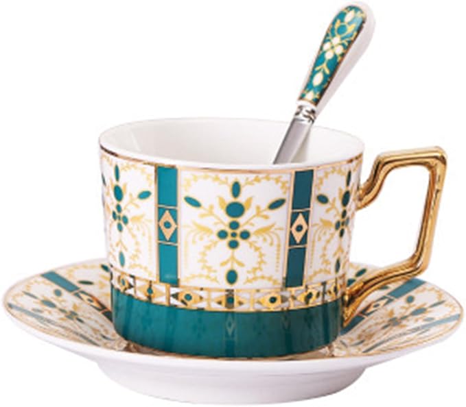 Vintage Bone China Tea Cup Set,5.4 Oz/160 ml Golden Handle Ceramic Coffee Teacup and Saucer with Spoon and Snack Fork, Style 03