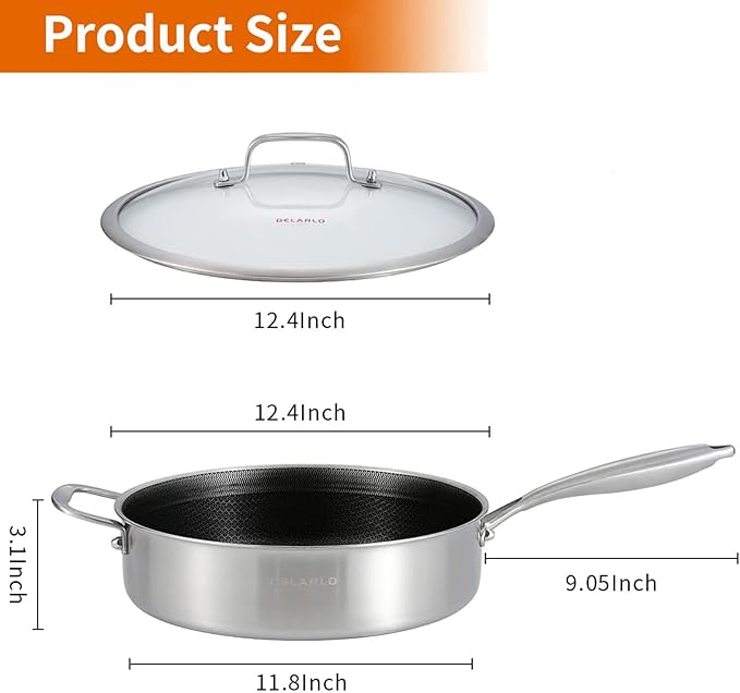 DELARLO Frying Pan,12 inch Tri-Ply Stainless Steel Skillet,6 Quart Saute Pan with lid, Compatible with All Cooktops,Oven Up to 660??Chicken Fryer,Dishwasher-Friendly