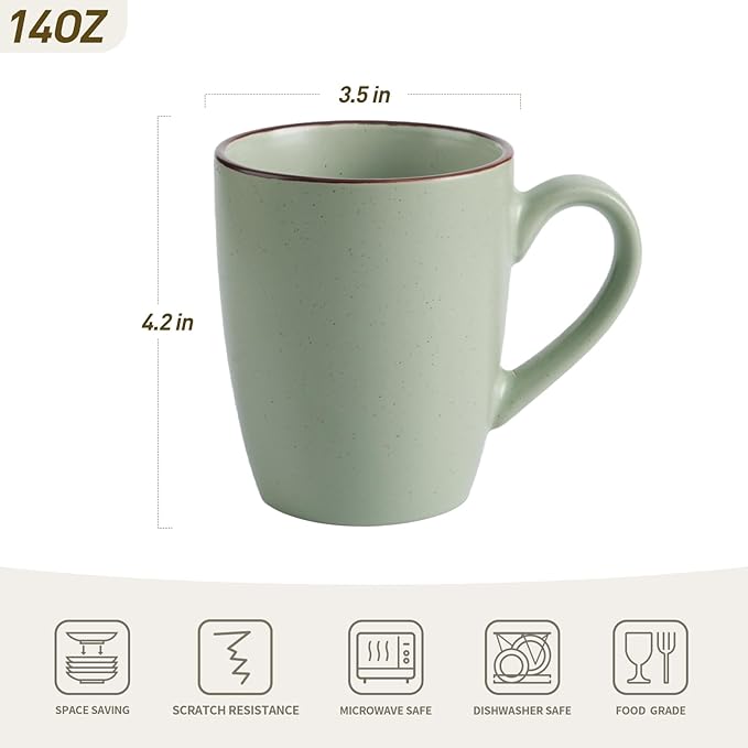 famiware Venus Coffee Mugs for 6, 14 oz Mug Set, Dringking Cup with Handle for Coffee, Tea, Cocoa, Milk, Light Green