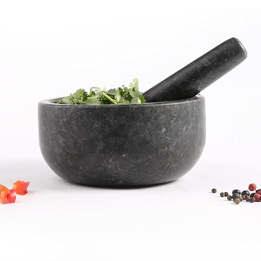 Koville Granite Mortar and Pestle Set, 7"-4 Cups Polished Stone Grinder Bowl for Guacamole, Salsa, Pill Crusher, Spice, Herb, Garlic, Nut, Heavy Duty Grinder for Kitchen