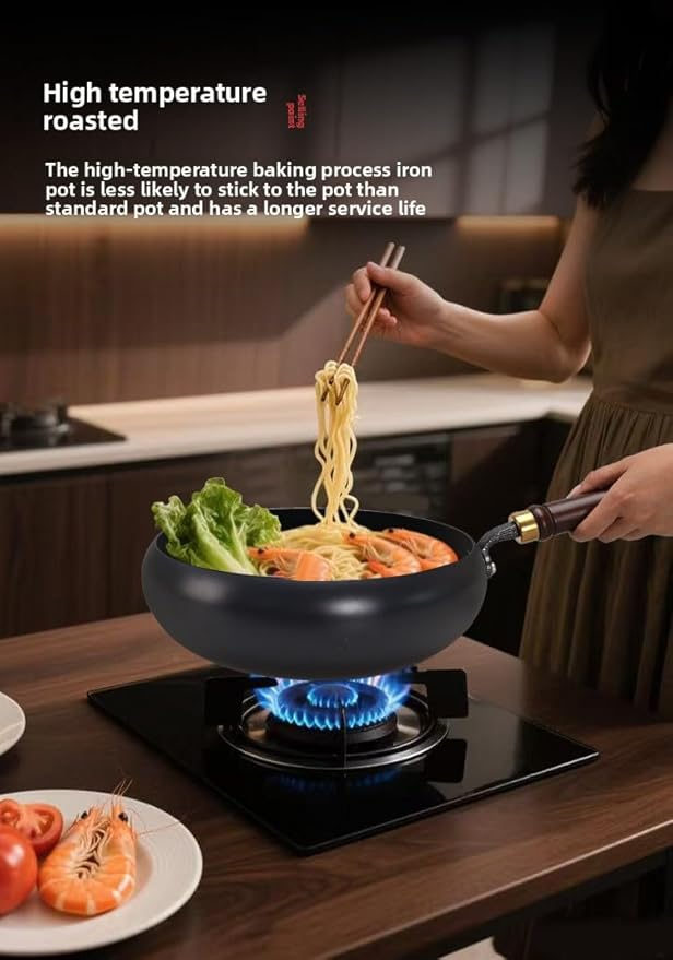 Japanese Iron Pan with Lid, Hand-Forged Uncoated Nonstick Frying Pan, 9.4 in Stir Fry Skillet for Gas Cooktops, Durable Rust-Free Iron Wok Pan (24cm) (24cm with lid)
