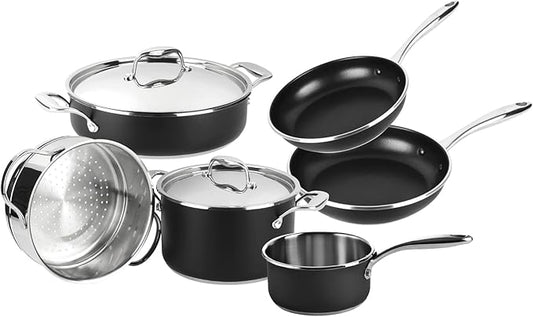 MAGEFESA Prisma 8-Piece Stainless Steel Cookware Set ??Durable Pots & Pans with Nonstick Interior, Matte Black Exterior, Oven Safe up to 392째F