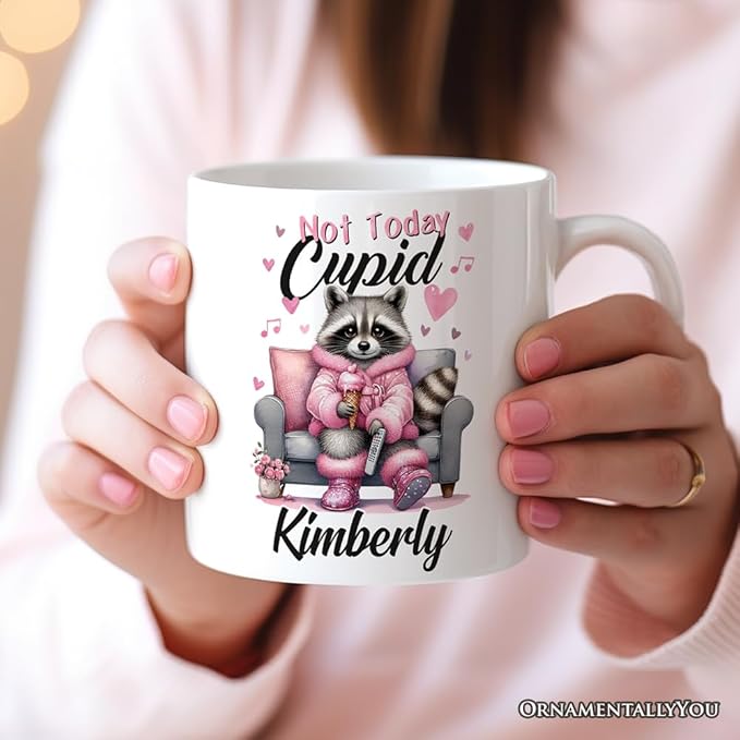 OrnamentallyYou Personalized Valentine Mug (Valentines Snarky Racoon Personalized Mug, Not Today Cupid, Sarcastic Funny Racoon Lover Gift With Custom Name)