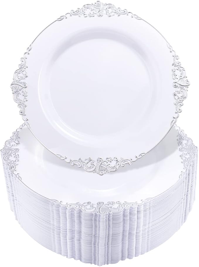 Hioasis 100pcs White Silver Plastic Plates for Party - 7.5" Dinner Plates Disposable, Heavy -duty, Classy and Elegant for New Year