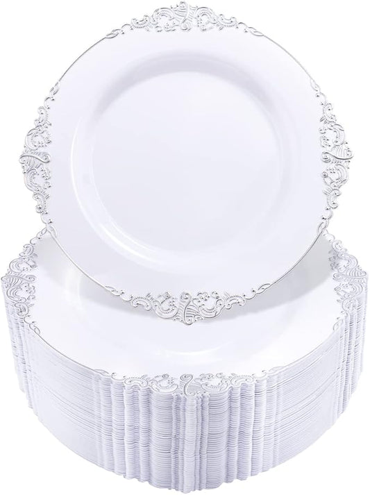 Hioasis 100pcs White Silver Plastic Plates for Party - 7.5" Dinner Plates Disposable, Heavy -duty, Classy and Elegant for New Year