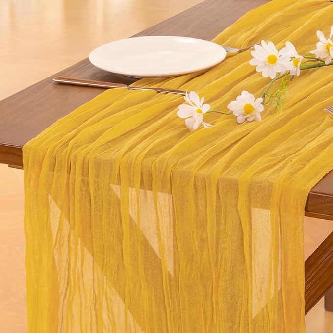 Socomi 10pcs Gold Yellow Cheesecloth Table Runner Boho Rustic Gauze 120 inch 10FT Cheese Cloth Runner for Wedding Party Baby Shower Birthday Home Decor Holiday Decorations