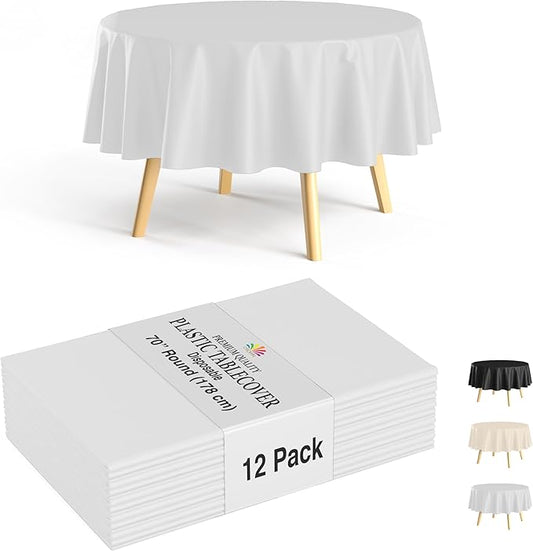 Party Solids 12-Pack White Round Plastic Tablecloth Disposable ??Size: 70 Inches ??Round Plastic Table Cloths for Parties, Picnics & Formal Events