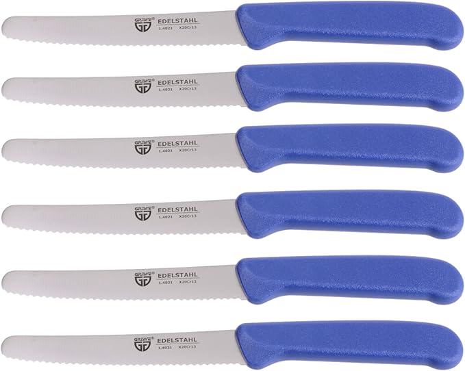 GR횆WE table knife 6 pieces, set for cutting, pack of 6 bread knives, for breakfast with serrated edge on one side, length 8.3 inch - handle color blue