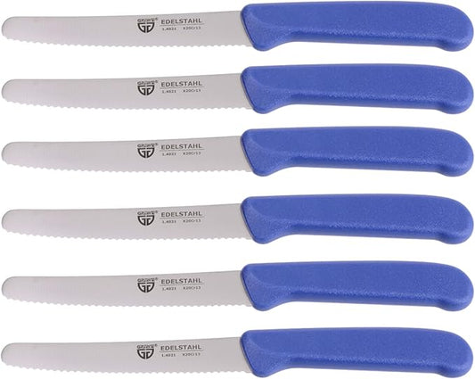 GR횆WE table knife 6 pieces, set for cutting, pack of 6 bread knives, for breakfast with serrated edge on one side, length 8.3 inch - handle color blue