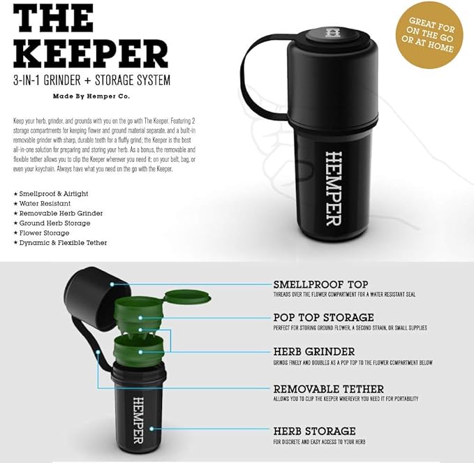 Hemper Keeper 3?멼n?? Herb Grinder with Dual Storage Container - Smell?멠roof, Airtight & Water?멢esistant - Built?멗n Removable Grinder, Dual Compartments for Flower & Ground - (Black)