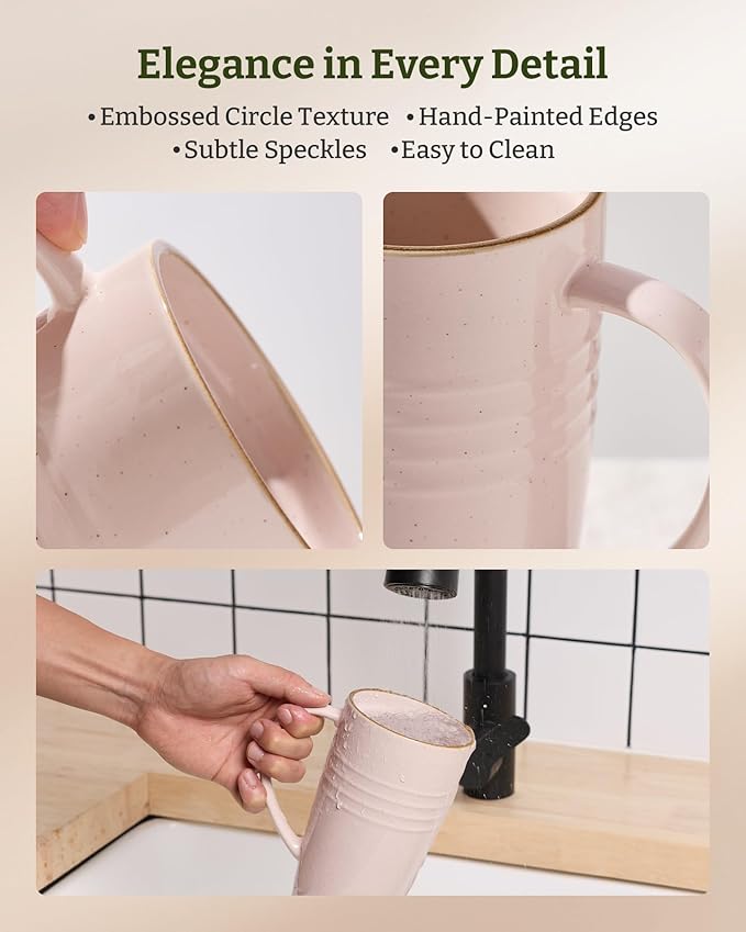 famiware Jupiter Large Coffee Mug, 20oz Coffee Mug with Lid, Ceramic Mugs Set of 2, Cup Set with Handle for Latte, Tea, Cocoa, Milk, Home & Office, Microwave and Dishwasher Safe, Light Pink