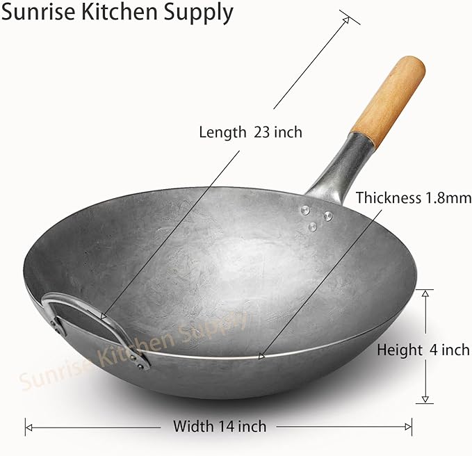 SUNRISE Kitchen Supply 1.8 mm Thickness Heavy Duty Hand Hammered Carbon Steel Wok 14 inch, Round Bottom