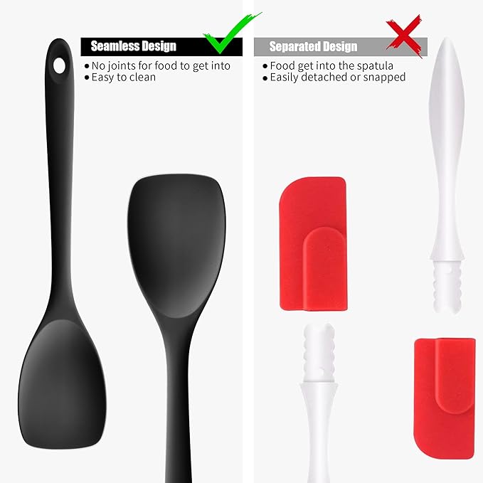 Doosu Silicone Spoon Spatula, 600쨘F Heat-Resistant Food Grade Rubber Spoonula with Seamless Design, Non-Stick Flexible Scraper Kitchen Cooking Spoon Baking Tool for Mixing, Scraping (Black)