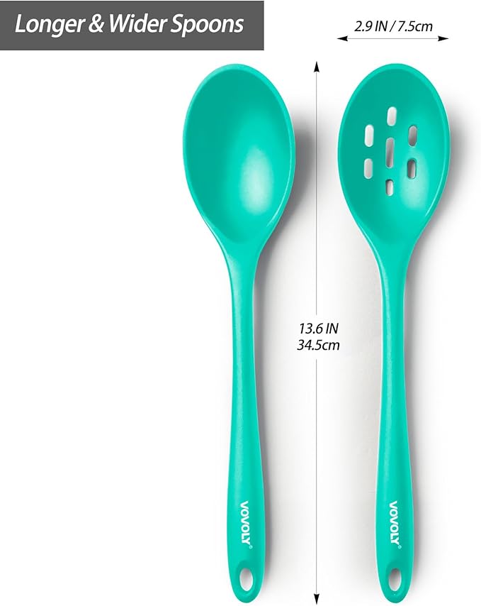 Silicone Spoons for Cooking - Extra Large Kitchen Spoons for Mixing, Serving, & Stirring - 600째F Heat-Resistant Non Stick Utensils Ladle & Skimmer- Dishwasher Safe, Teal
