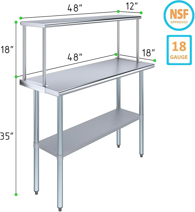 Stainless Steel Work Table with Wide Single Tier Overshelf | Metal Kitchen Prep Table & Shelving Combo (18" x 48" Work Table + 12" Overshelf)