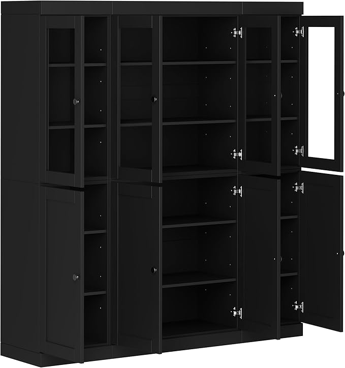 Palace Imports 100% Solid Wood Kitchen China Pantry Cabinet, 65" W - 4 Clear Glass & 4 Shaker Doors, Renewable Eco-Friendly Wood, Made in Brazil (Black, 8 China/Shaker Doors | NO Drawers)