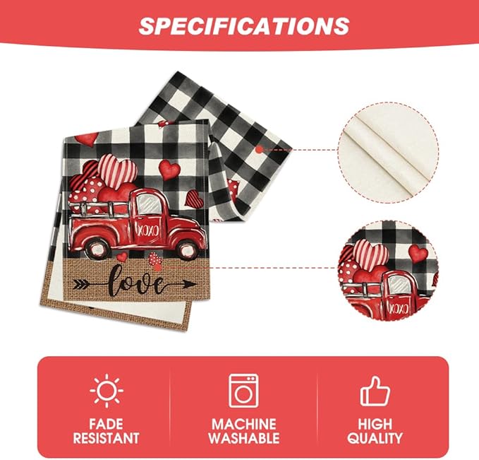 Artoid Mode Watercolor Buffalo Plaid Hearts Truck Love Valentine's Day Table Runner, Seasonal Anniversary Wedding Holiday Kitchen Dining Table Decoration for Indoor Outdoor Home Decor 13 x 120 Inch