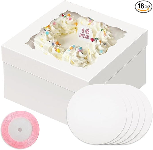 qiqee White 10x10x8 Cake Box, 18 Sets Cake Box with Window 竊?18 Sets 10" Cake Round Boards, 10inch Cake Containers, 10 Meters Pink Silk Ribbon Includes