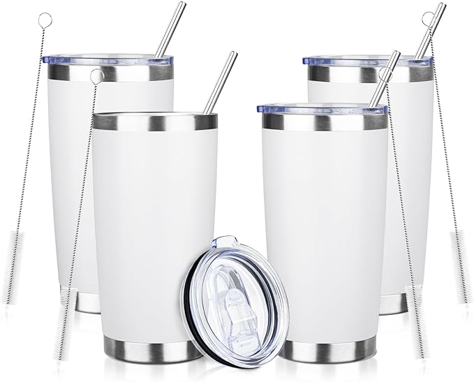 ATIKZHE 20oz Tumbler with Straw and Brush, Stainless Steel Vacuum Insulated tumbler, Double Wall Insulated Coffee Tumbler for Outdoor, Home, Travel,Office (White,4pcs)