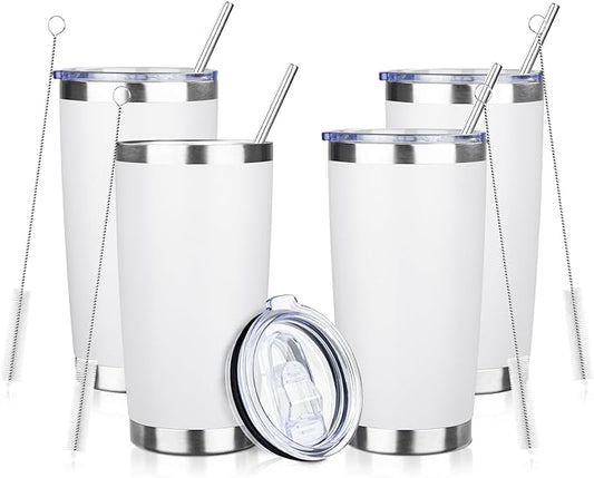 ATIKZHE 20oz Tumbler with Straw and Brush, Stainless Steel Vacuum Insulated tumbler, Double Wall Insulated Coffee Tumbler for Outdoor, Home, Travel,Office (White,4pcs)
