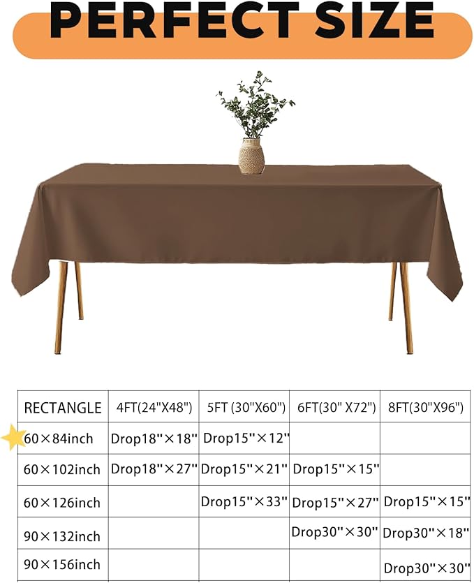 TWINPRET Rectangle Tablecloth 60 x 84 Inch, Brown Waterproof Washable Polyester Table Cloth - Stain & Oil Resistant Rectangular Table Cover for Banquet & Party (Fits 4 Foot Tables) [2 Pack]