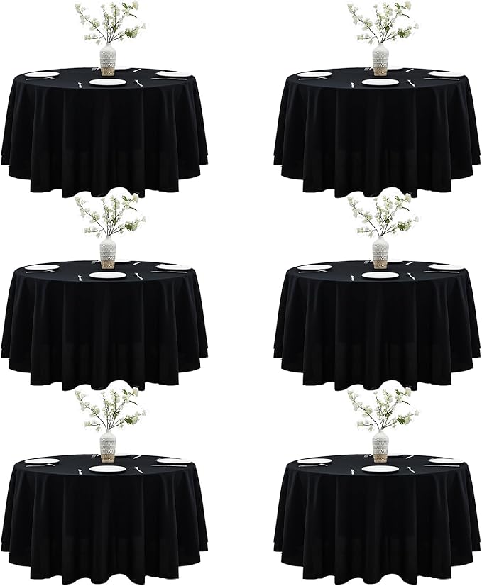 ITWMTTO 6-Pack Black Round Tablecloth 120 Inch - Polyester Fabric Table Cloth Round Table Cover for Round Tables - Reusable & Washable
