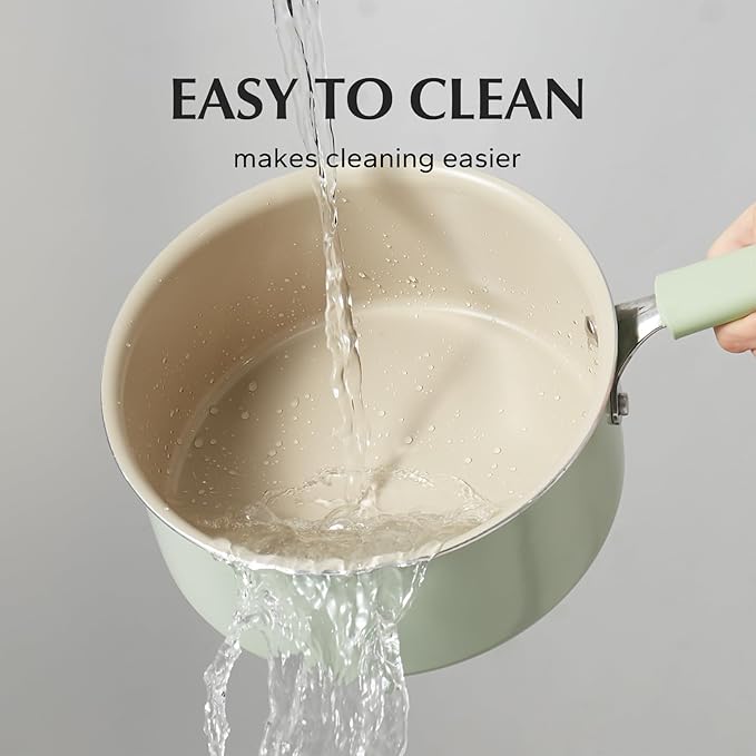 Redchef Ceramic Nonstick Saucepan with Lid, 3QT Small Cooking Pot,Non Toxic Sauce Pans for Kitchen, Cool Handle PFAS Free Compatible with All Cooktops, Green